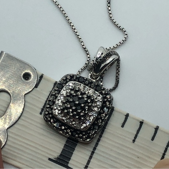 BLACK & White Diamond Sterling Silver Square Pendant w Chain 19” + .7” Total - Picture 8 of 9